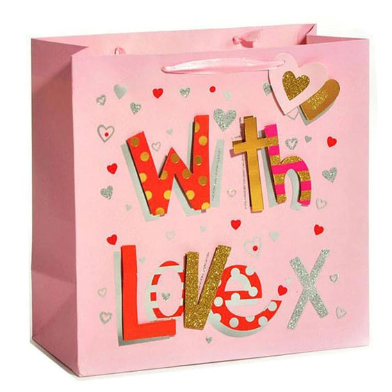 Free Sample Custom Logo Luxury Pink Cardboard Paper Bag with Ribbon Handle